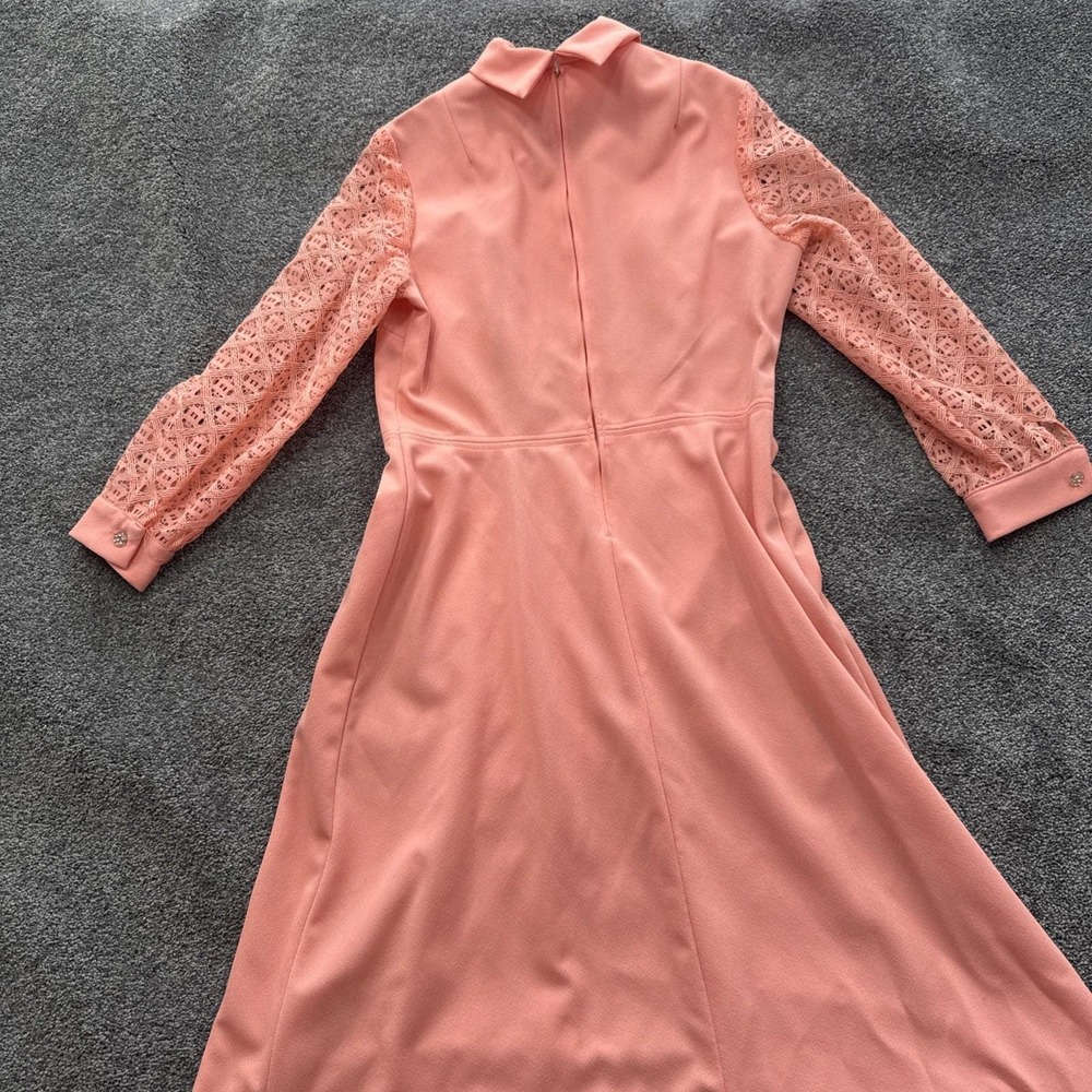 VTG Womens M 60s Dress Fortrel 70s Long Sleeve Sheer Maxi Pink Knit Sleeve Lace